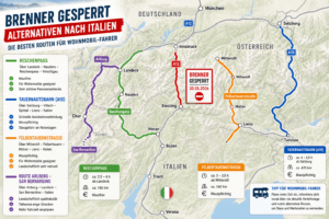 Karte mit Alternativrouten zur Brenner-Sperre am 30.05.2026 für Wohnmobil-Fahrer Richtung Italien