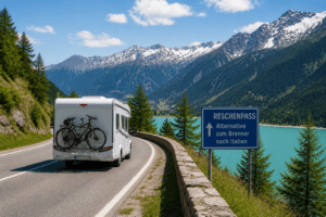 Wohnmobil fährt über den Reschenpass als Alternative zur gesperrten Brennerautobahn Richtung Italien
